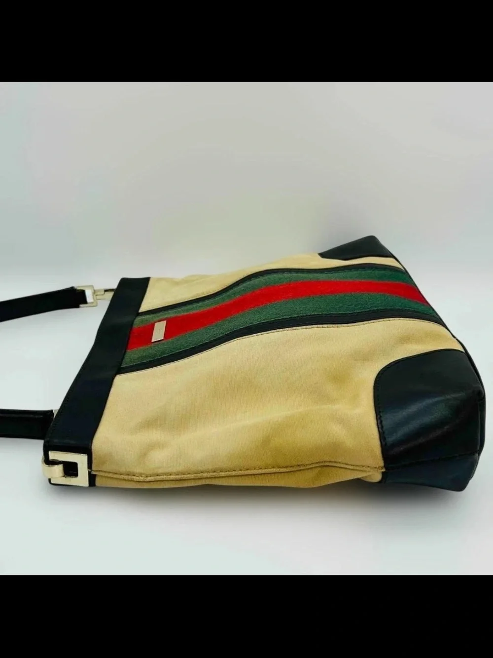 Gucci Beige Canvas Shoulder Bag with Green & Red Stripe and Black Trim